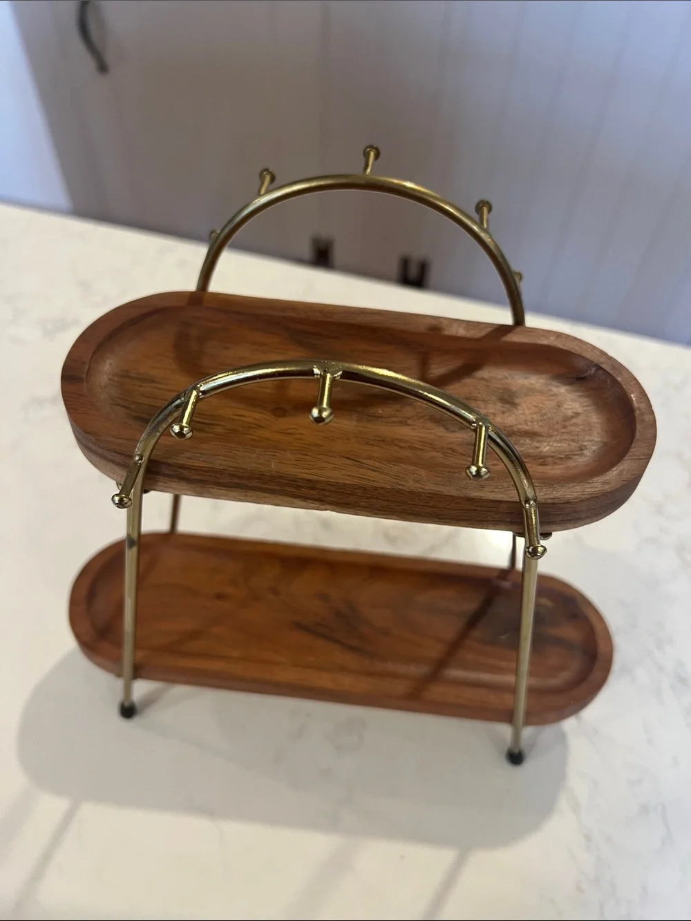 Two-Tier Wood Vanity Tray with Gold Metal Frame - Brown/Gold